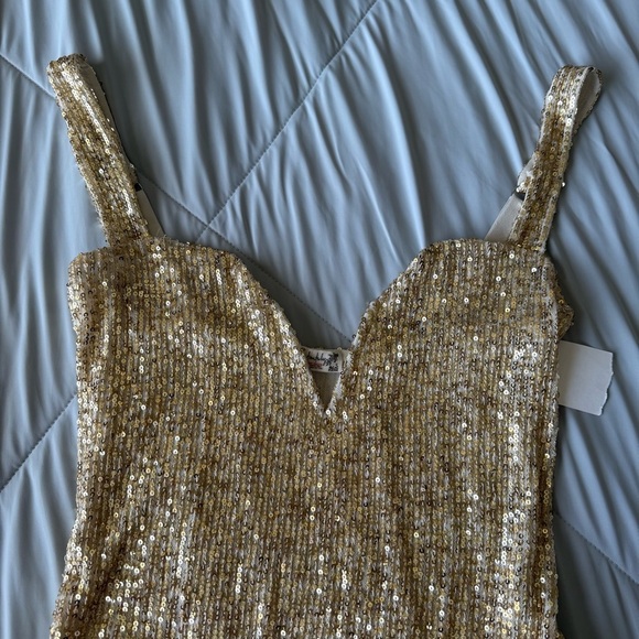Free People Gold Sequin Bodysuit Tank V Neckline - Picture 2 of 11